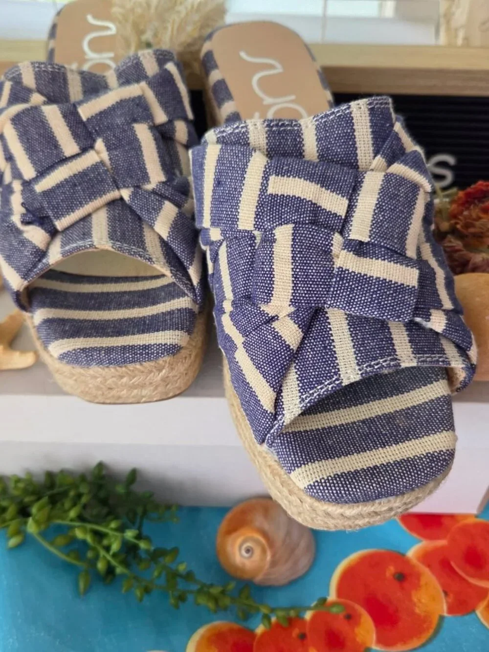 Sugar I Wedge Jute, Canvas Twist Blue and White/Cream Stripe Wedge Sandals 8.5